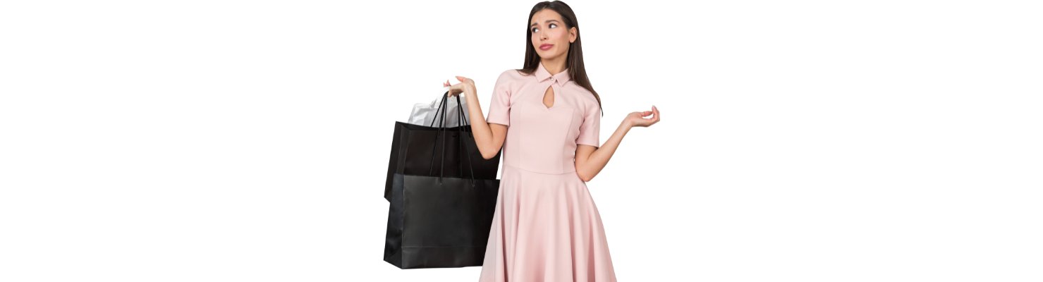 Frau im rosa Kleid mit Einkaufstaschen aus der Joico Sammlung
