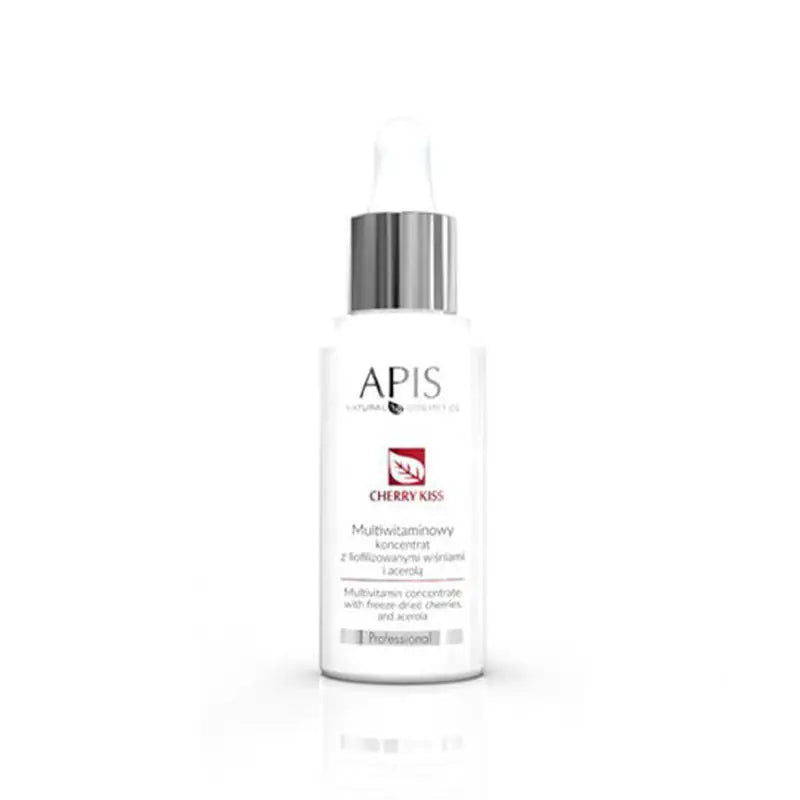 Weiße Flasche mit Silberpumpe für Apis Multivitamin Konzentrat mit gefriergetrockneten Kirschen und Acerola 30ml