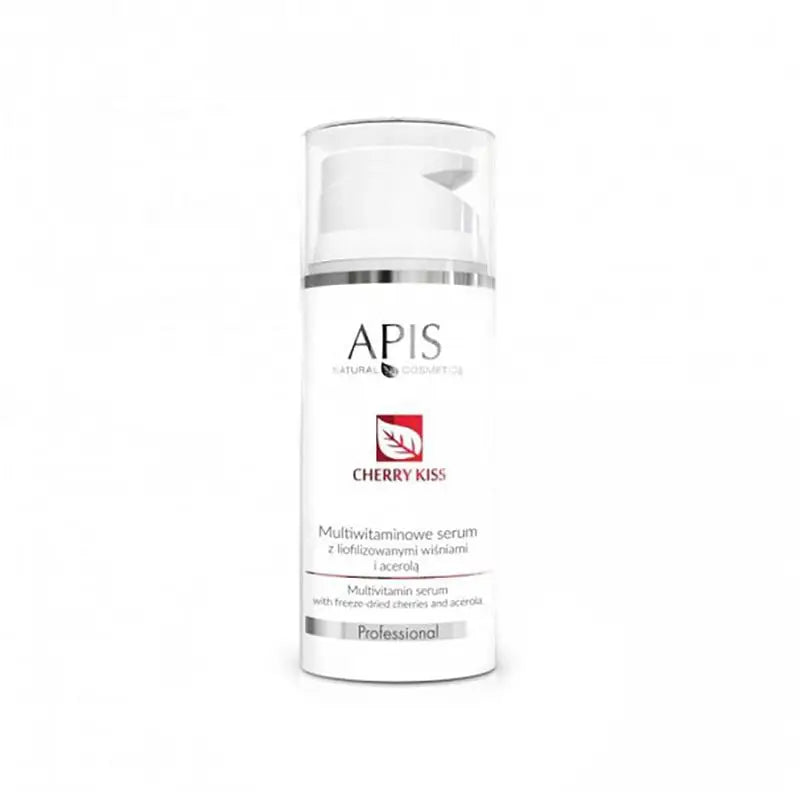 Weiße Flasche des Apis Multivitamin Serum mit gefriergetrockneten Kirschen und Acerola