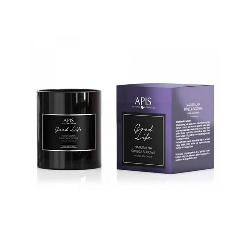 Schwarze Kerze und lila Schachtel für Apis natürliche Sojakerze Good Life 220 g