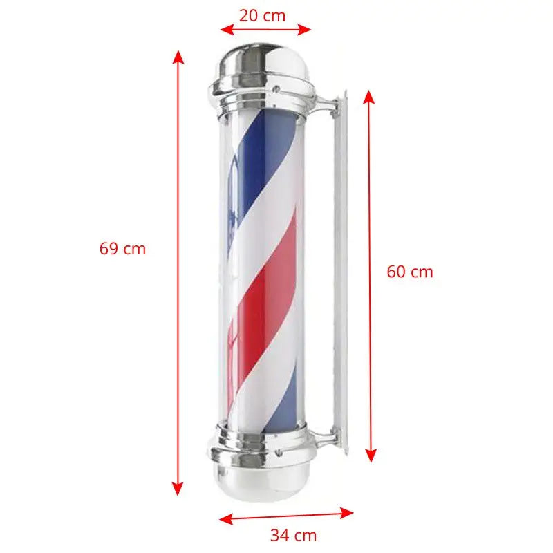 Barbershop Barberpole mit Beleuchtung und Maßen, traditioneller rot-weiß-blauer Stil