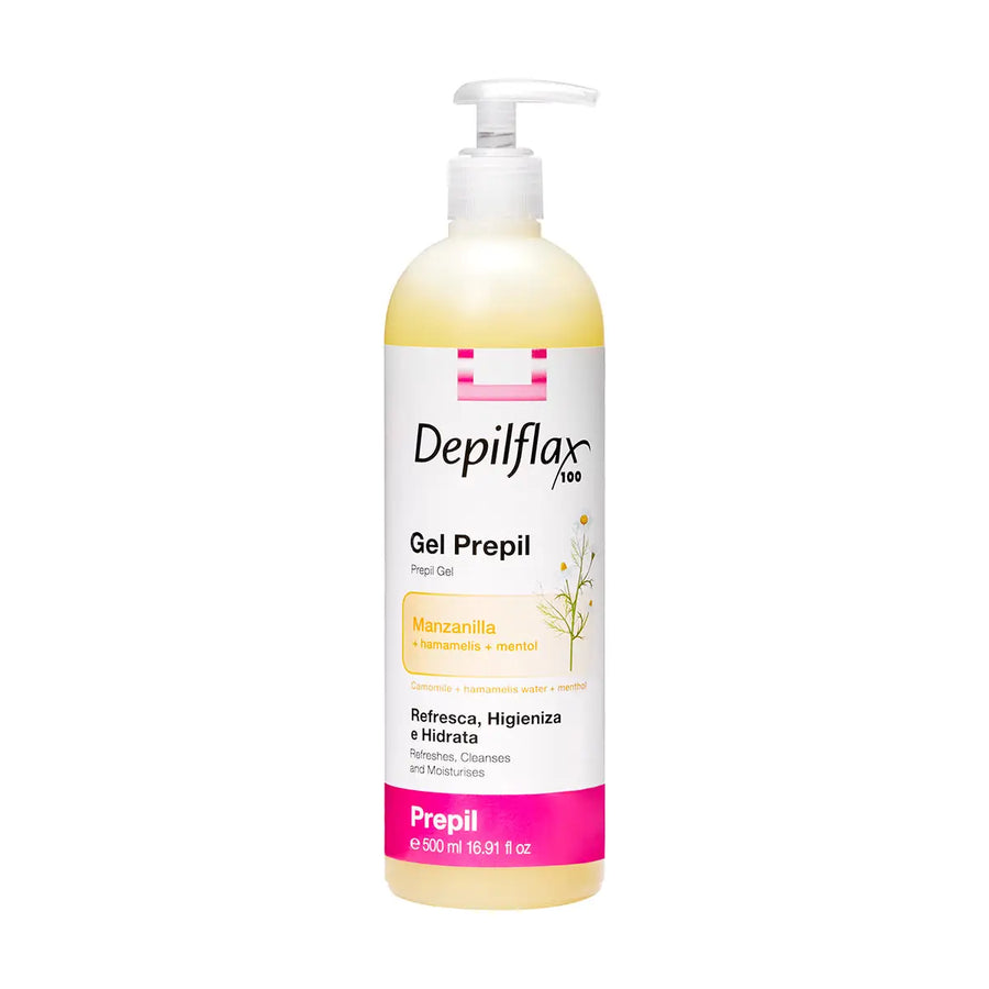 Depilflax Prepil Gel 500ml gelflasche mit Pumpspender auf weißem Hintergrund
