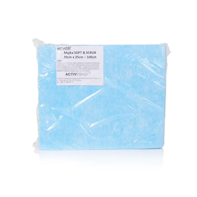 Blaue Einwegwaschtücher für Kosmetische Behandlungen Soft&scrub in Plastikverpackung