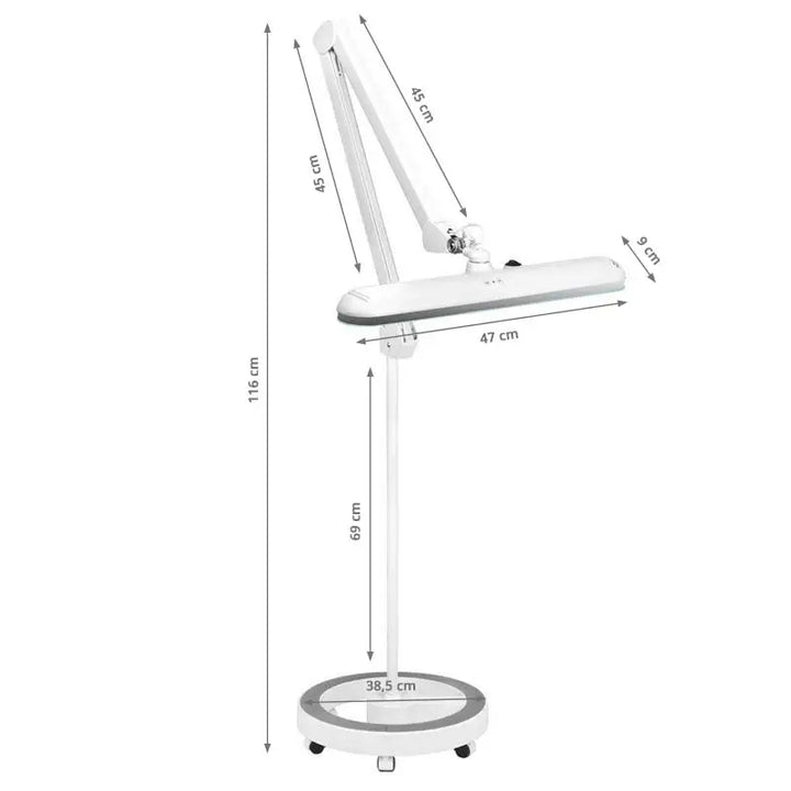 Weiße verstellbare Stehlampe mit Maßen für Elegante Lupenleuchte LED 801-l mit Stativ