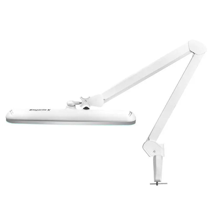 Weiße articulierte Schreibtischlampe vom Elegante Lupenleuchte LED 801-s mit Schraubstock