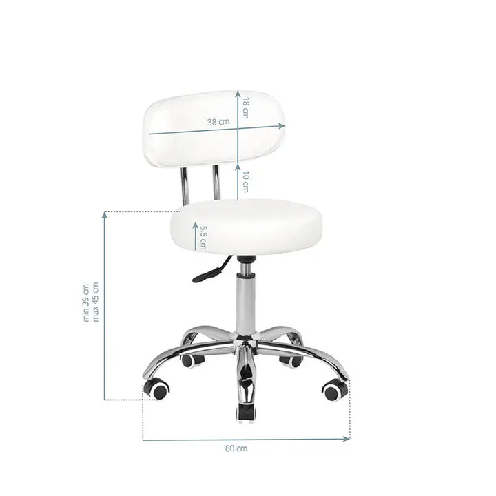 Weißer verstellbarer Drehhocker mit Rückenlehne und Abmessungen für Friseur und Kosmetik