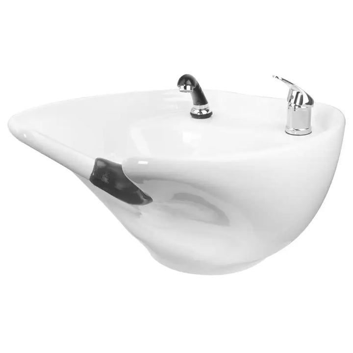 Weiße Keramik-Schampoobowl mit Doppelarmaturen für Friseurbad Gabbiano Porto Schwarz