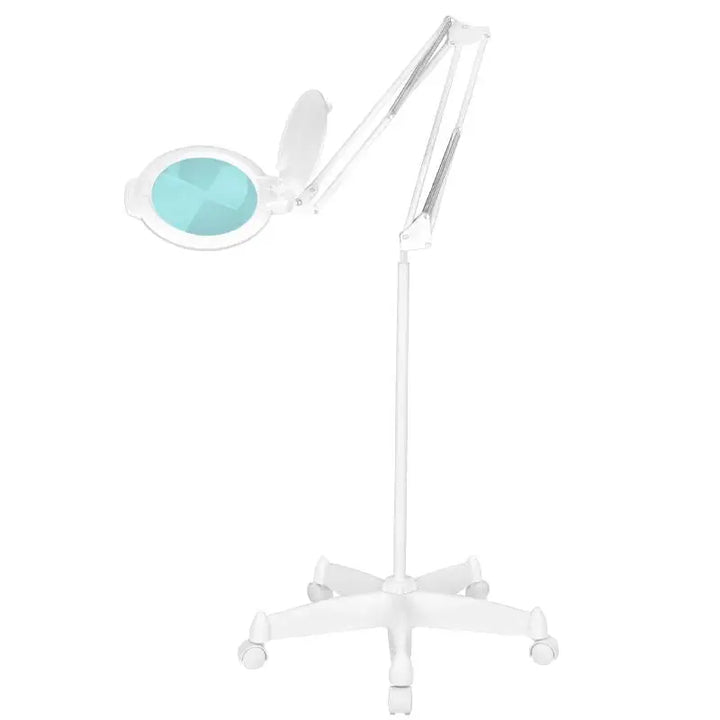 Weiße Lupenlampe mit verstellbarem Arm und Stativ für präziente Lichtarbeiten
