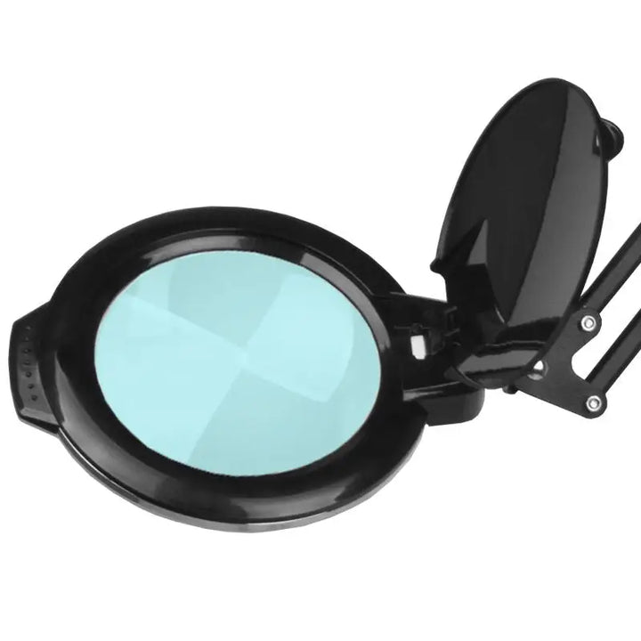 Schwarze Lupenlampe mit Schutzabdeckung und Stativ für optimale Vergrößerung