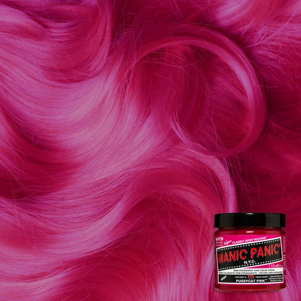 Manic Panic Pussycat Pink 118 ml – Haarfarbvorschau mit gewellten Strähnen