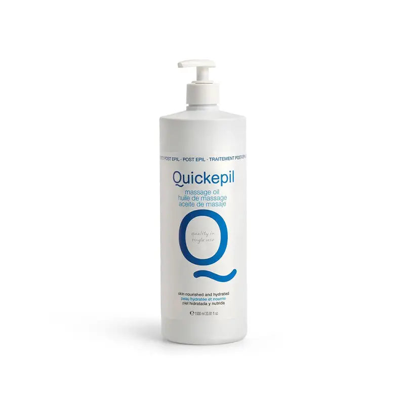 Weiße Flasche Quickepil Massageöl 1000ml mit Pumpenspender auf weißem Hintergrund