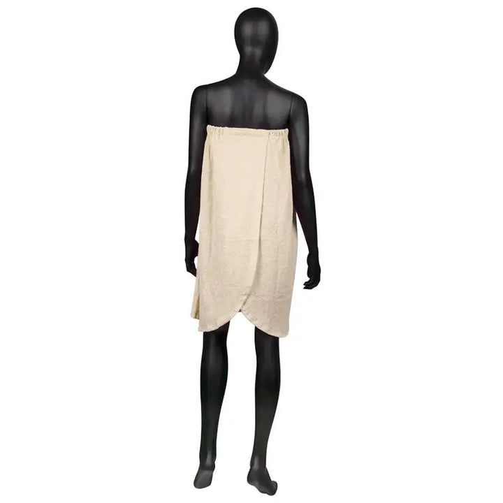 Beige Spa Wrap auf einer Puppe aus dem Produkt Umhang Frotte Nr. 44 cremefarben