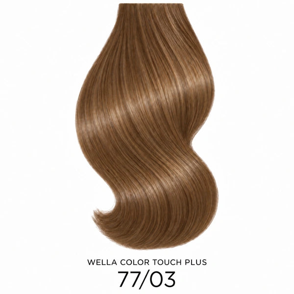 Wella Color Touch Plus 77/03 – Haarfarbmuster auf weißem Hintergrund